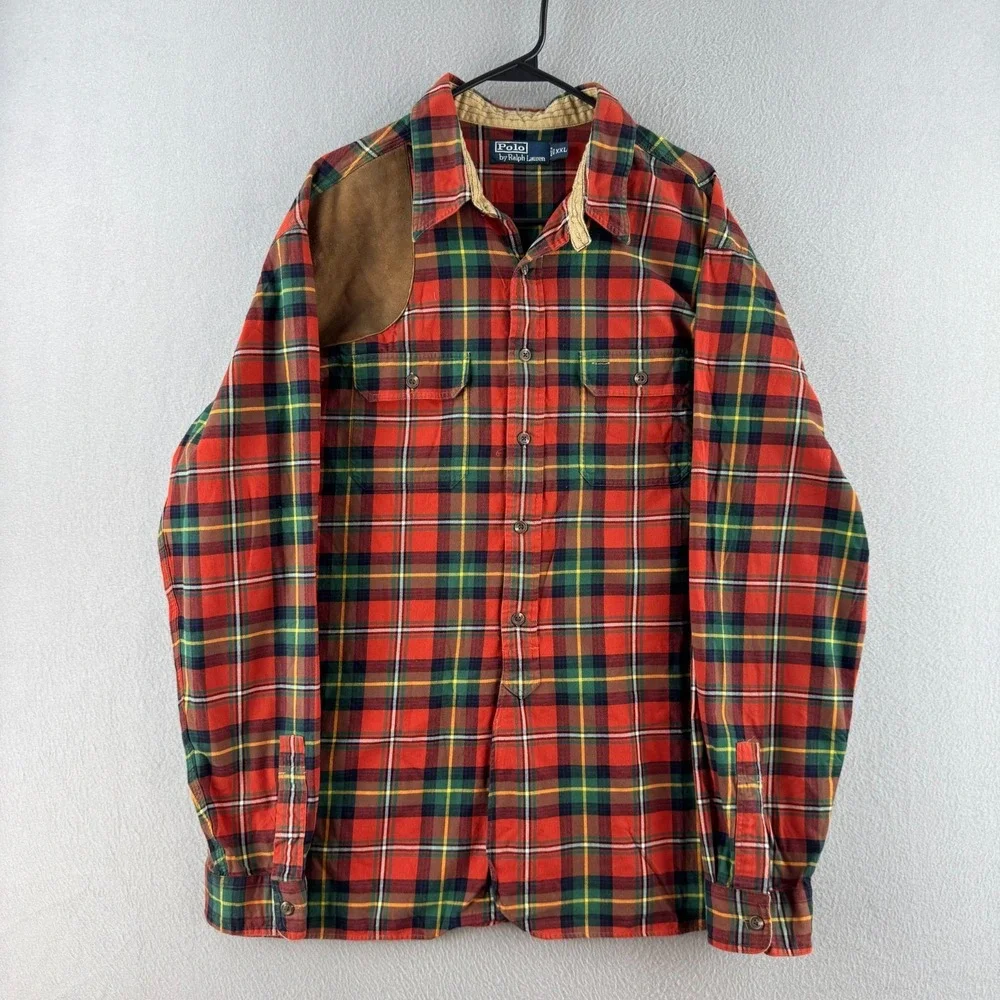 Polo Ralph Lauren Shirt Mens 2XL Red Plaid Cotton Shooting Hunting Chin Strap